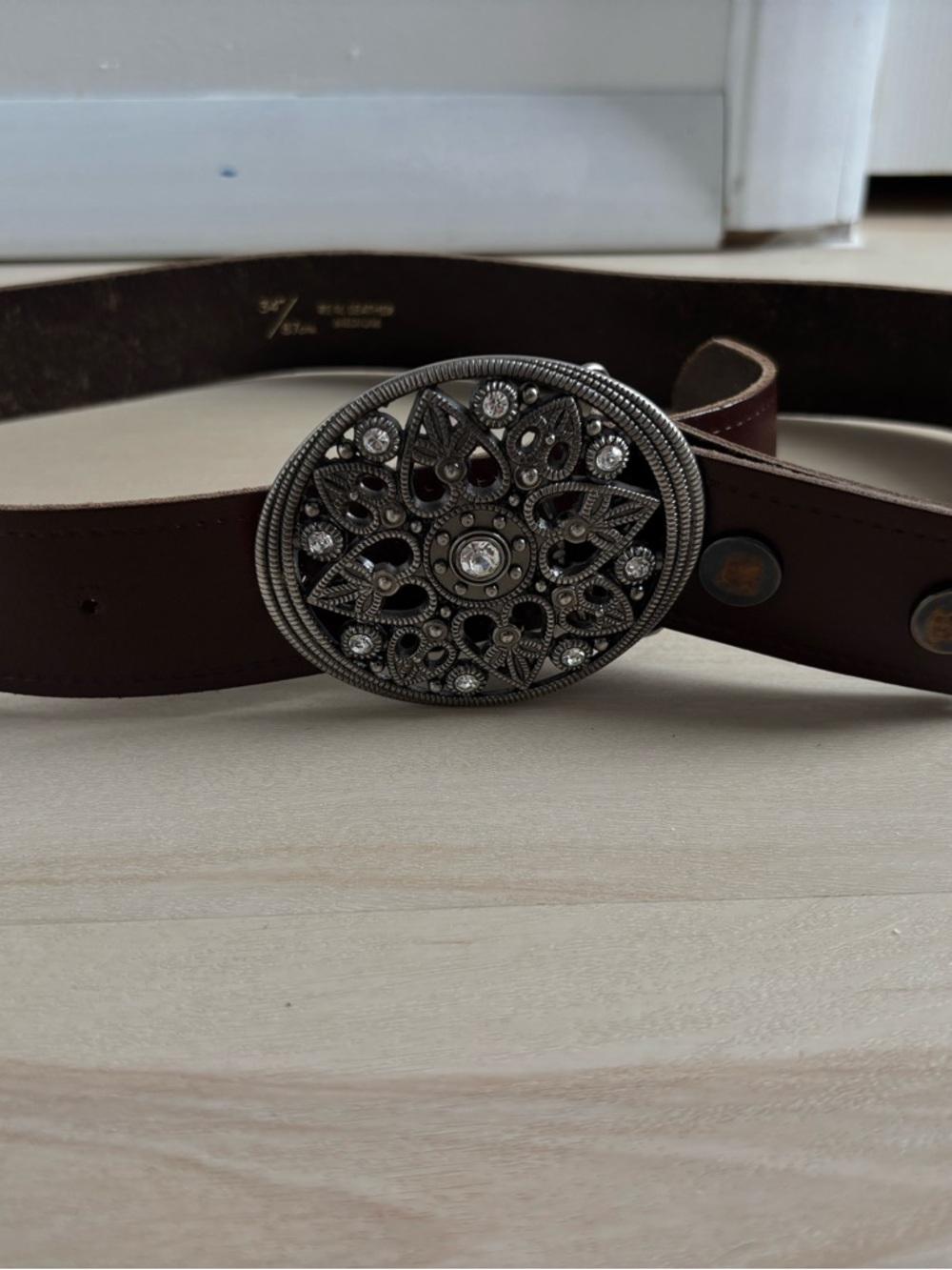 Leather Brown Belt with Ornate Silver-Tone Crystal Buckle